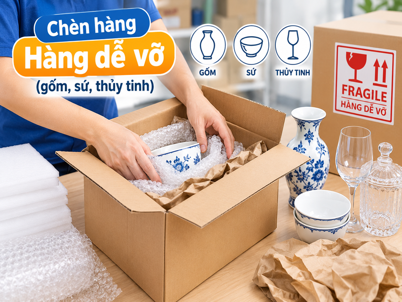 Cách chèn hàng trong thùng carton: Hướng dẫn từ A - Z 10 Chèn hàng Hàng dễ vỡ (gốm, sứ, thủy tinh)