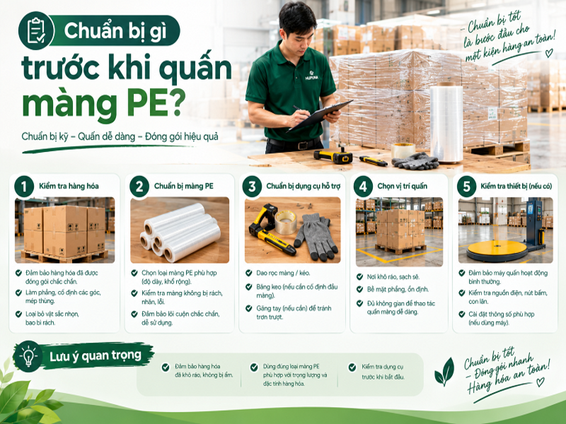 Cách quấn màng PE khi đóng hàng nhanh, chắc, dễ làm 8 Chuẩn bị gì trước khi quấn màng PE