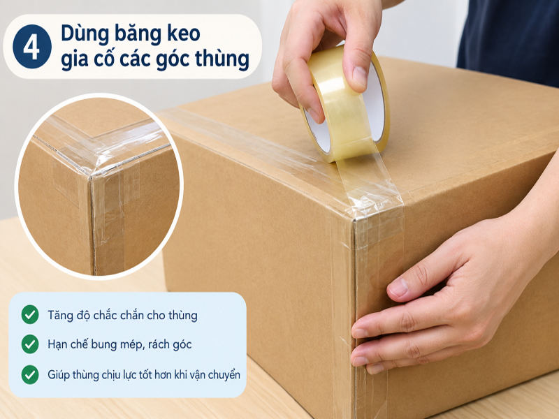 Cách gia cố góc thùng carton chắc chắn, hạn chế móp 8 Dùng băng keo gia cố các góc thùng