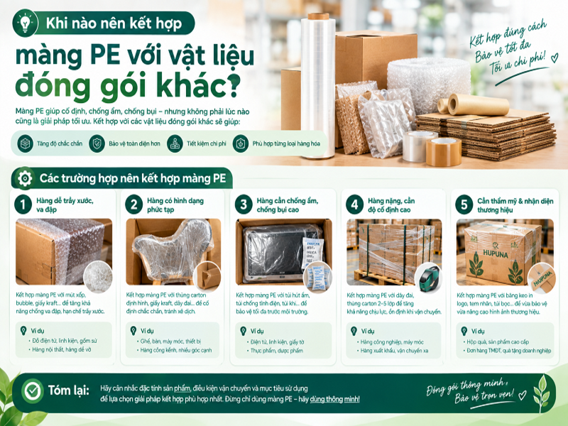 Cách quấn màng PE khi đóng hàng nhanh, chắc, dễ làm 10 Khi nào nên kết hợp màng PE với vật liệu đóng gói khác?