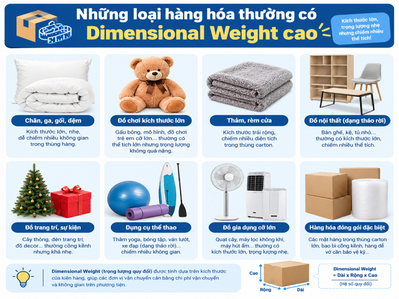 Những loại hàng hóa thường có Dimensional Weight cao