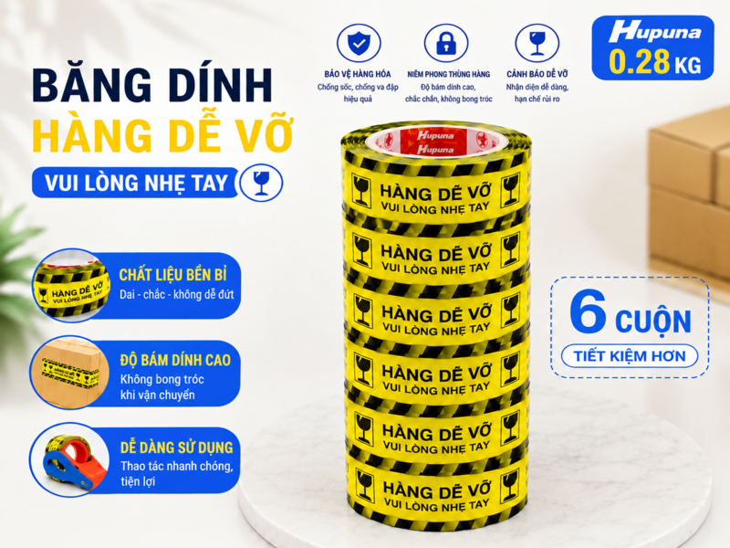 Quy cách băng keo dễ vỡ 1 cây 6 cuộn