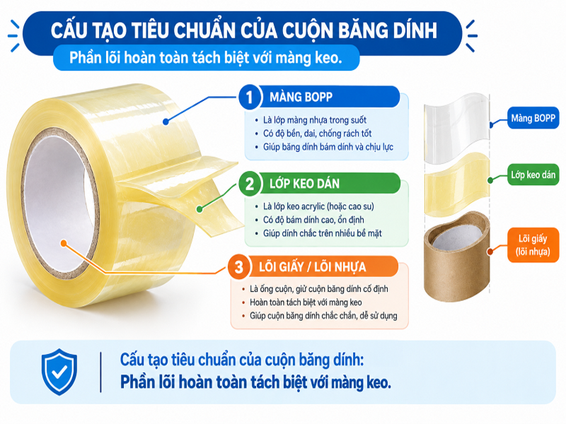 Sơ đồ cấu tạo cuộn băng dính gồm lõi, màng BOPP và lớp keo dán