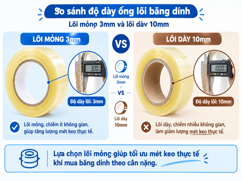 So sánh độ dày ống lõi băng dính mỏng 3mm và lõi dày 10mm