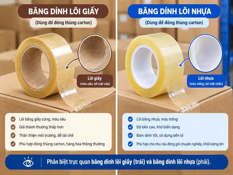 So sánh thực tế băng dính lõi nhựa và băng dính lõi giấy đóng thùng carton