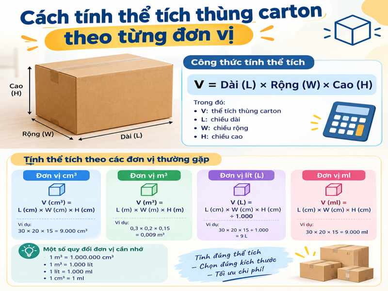 Cách tính thể tích thùng carton theo từng đơn vị